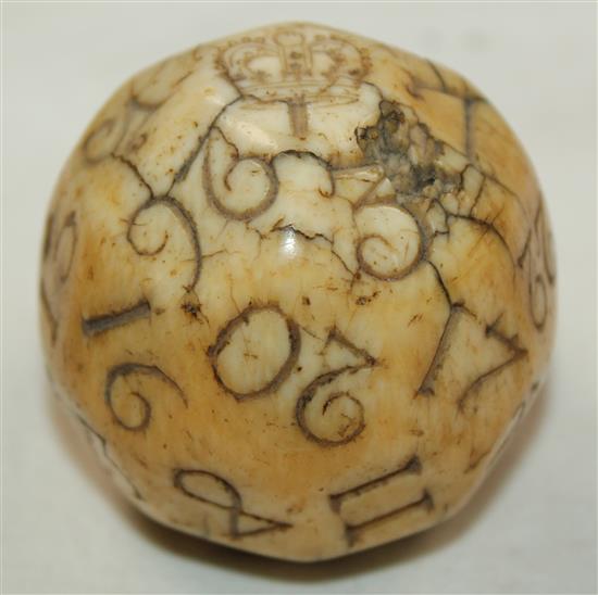 A rare English ivory Teetotum gambling ball, mid 18th century, approx. 1.9in. diameter